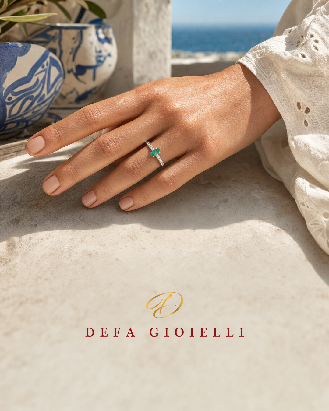 Anello in oro bianco 18 kt con diamanti e smeraldi - Indossato close-up